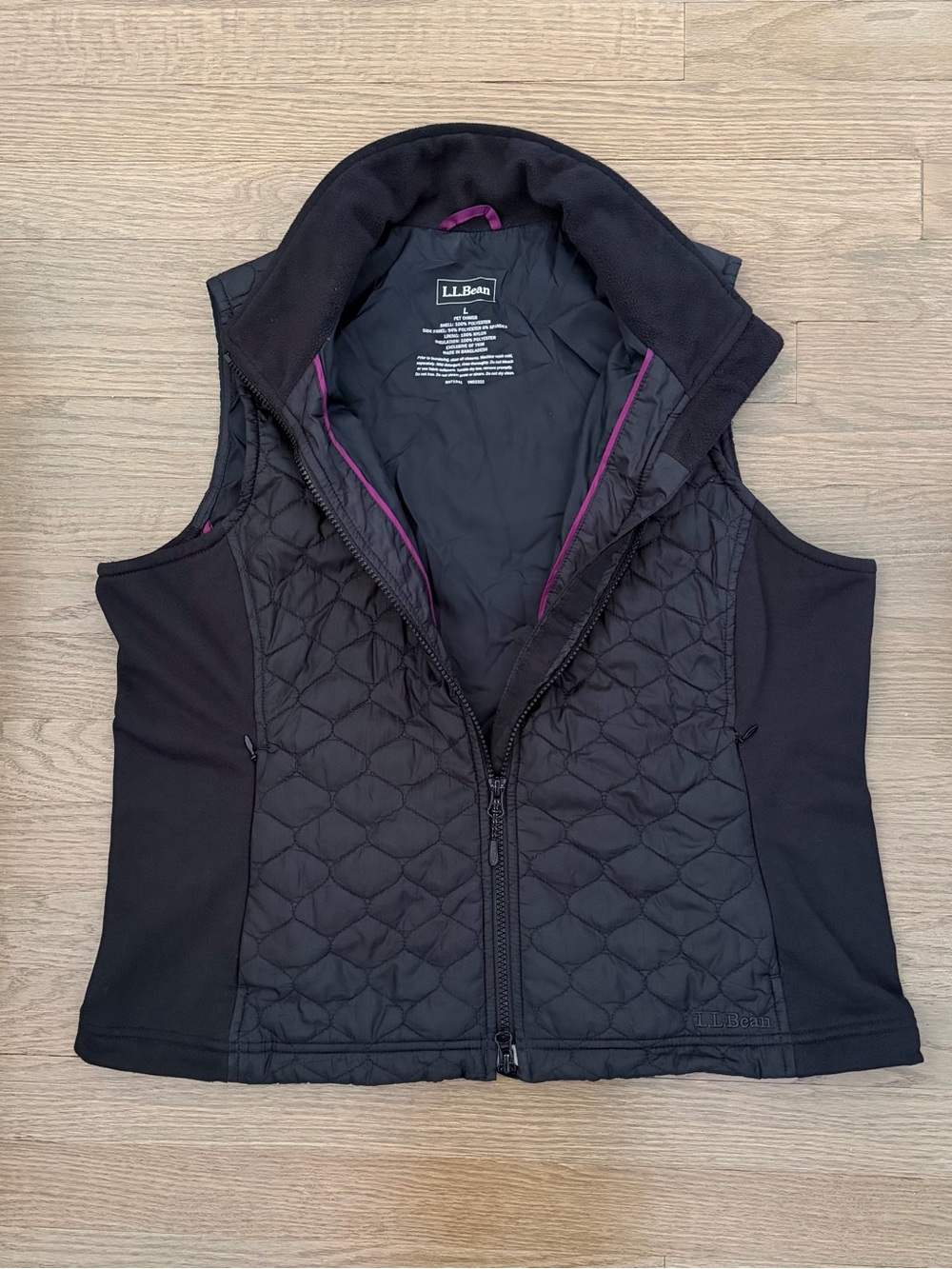 L.L. Bean Black Quilted & Knit Side Panel Vest Size LP